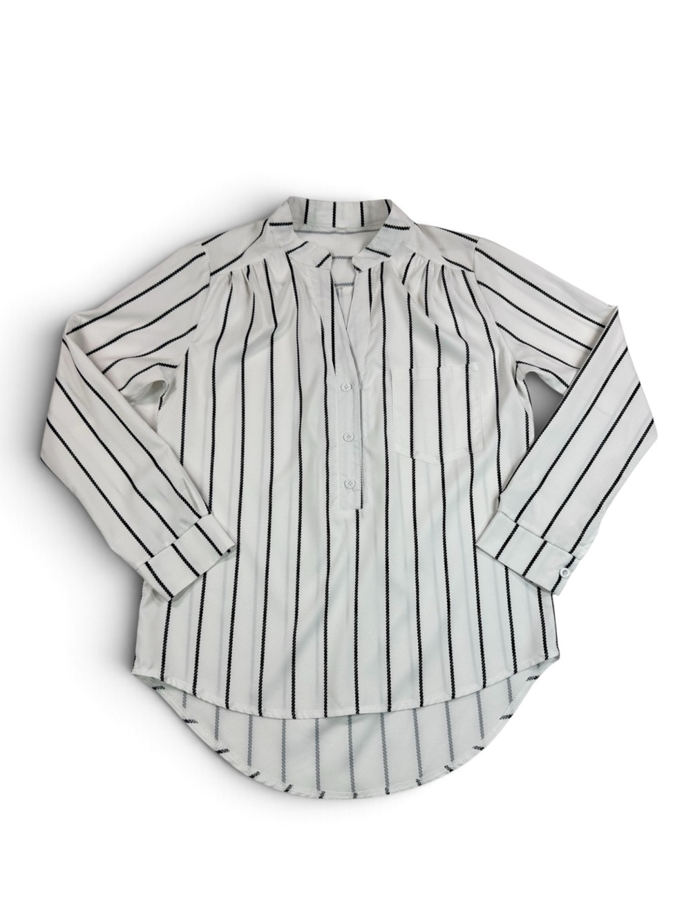 Classic White & Black Vertical Striped V-Neck Blouse - Long Sleeve / M
